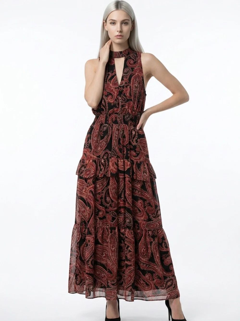 DRESS FORUM | Black Burgundy Paisley Keyhole Ruffle Maxi Dress Women’s Size S